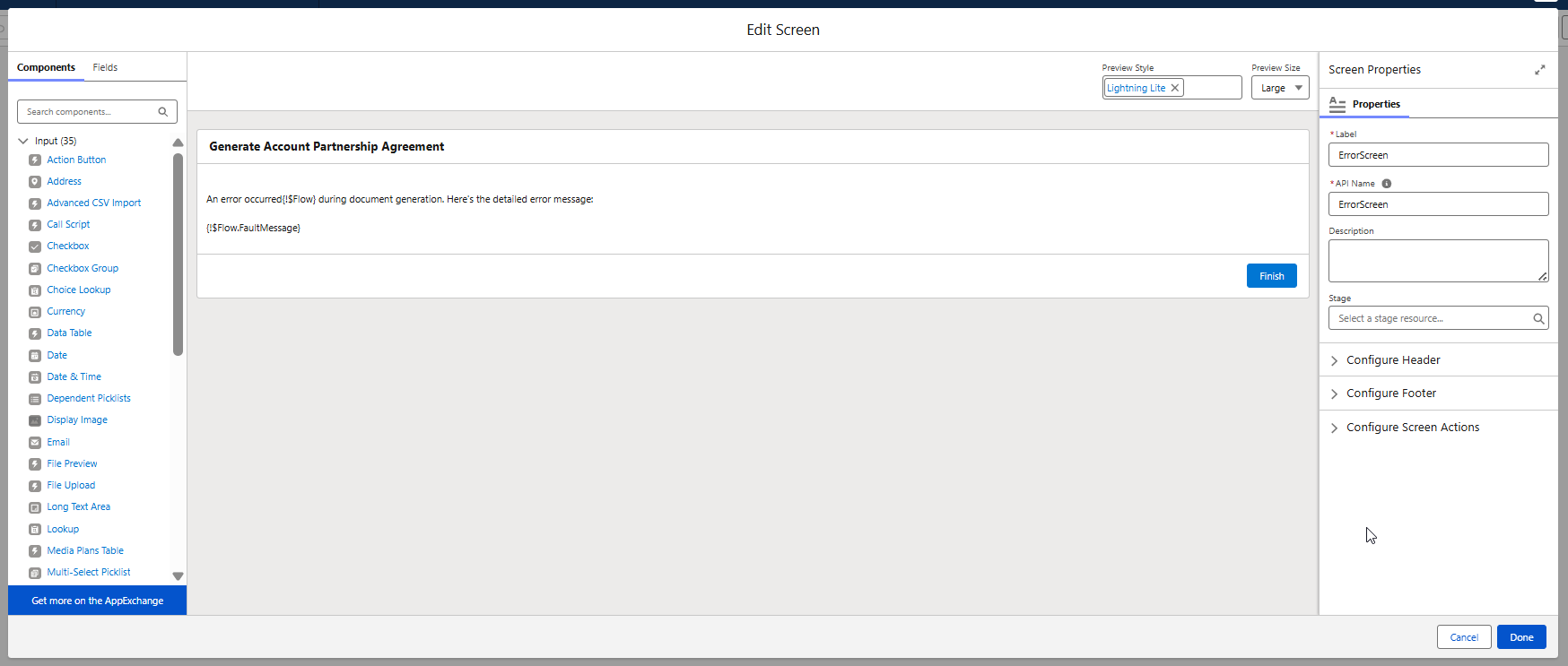Sample error handling screen