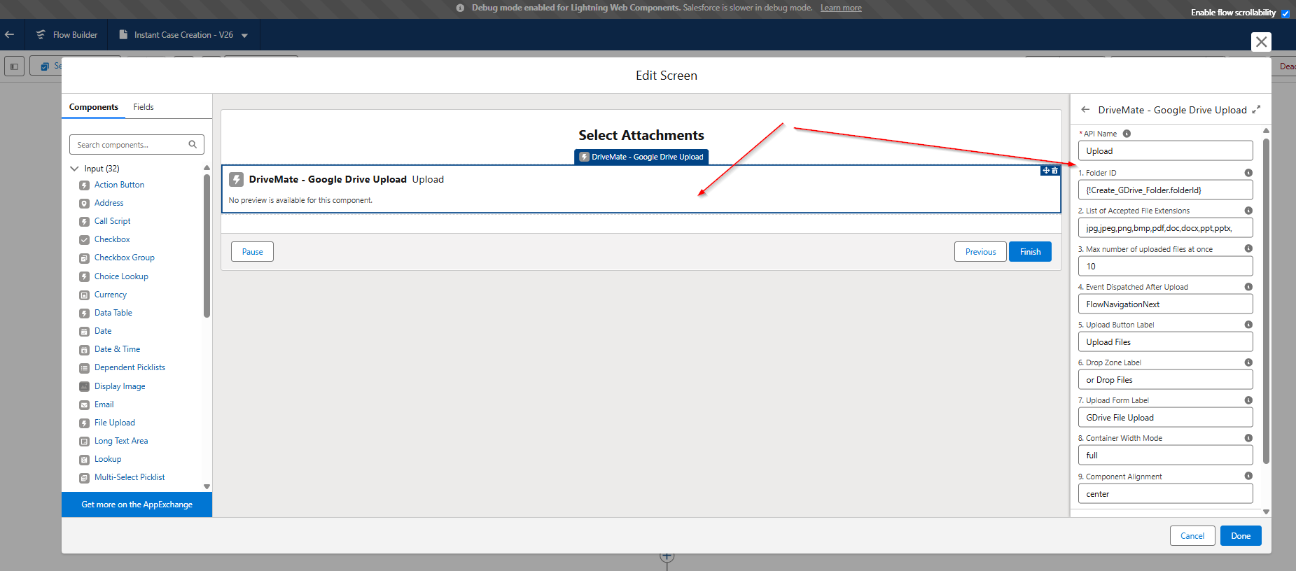 Upload component configuration
